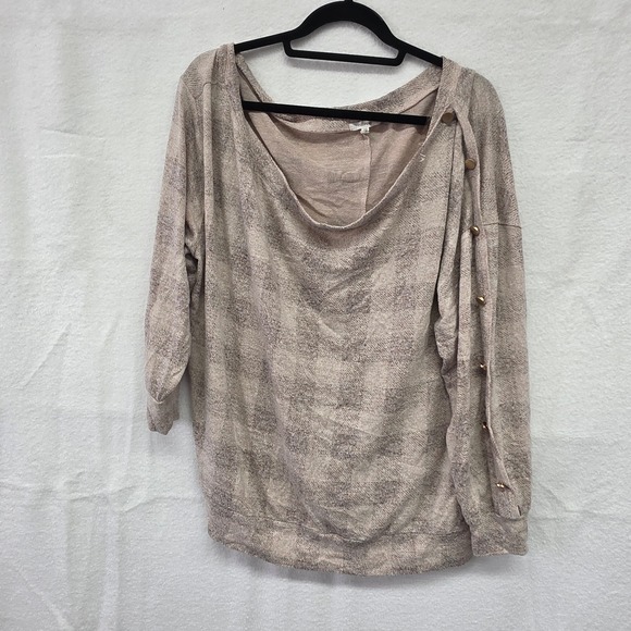 Maurices Tops - 2X Maurices Womens Tan Plaid Knit Pullover Scoop Neck Gold Button Detail Top